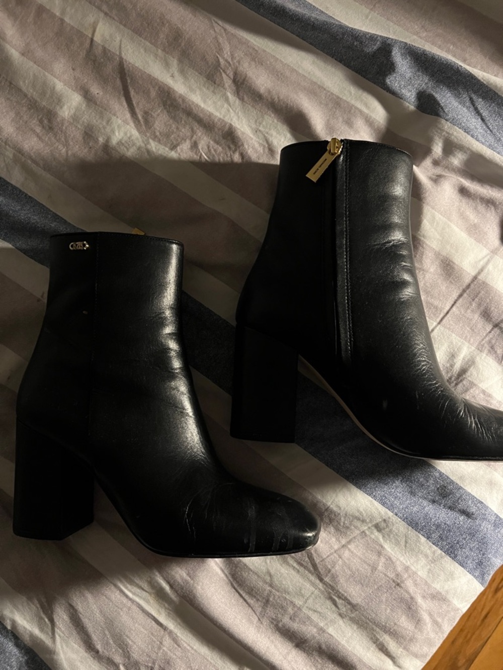 Michael Kors Black Leather Block Heel Ankle Boots with Gold Zip Pull